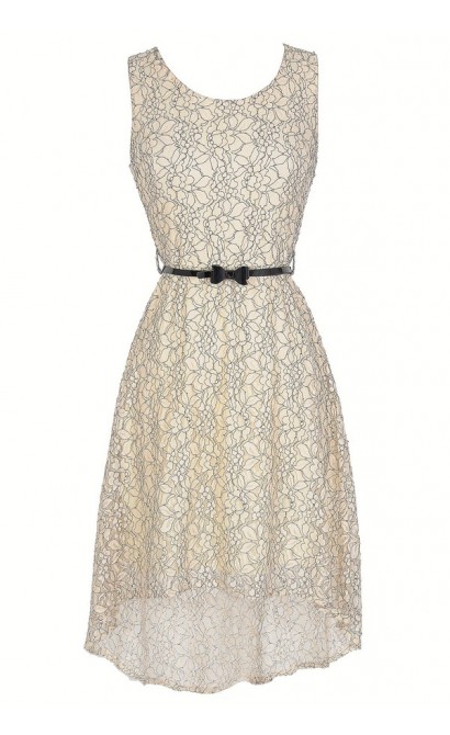 Drawing Outlines Belted Floral Lace High Low Dress in Ivory